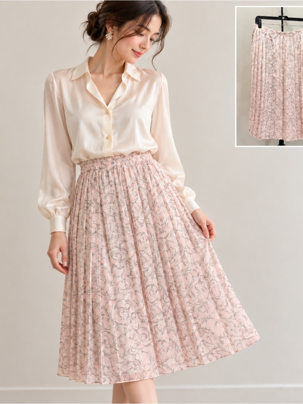 Vintage Andrea Gayle Petites Satin Pleated Baroque Midi Skirt Romantic Coquette